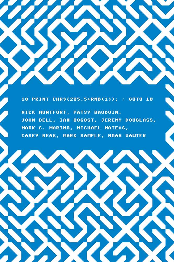 10 PRINT CHR$(205.5+RND(1)); : GOTO 10 (Software Studies)